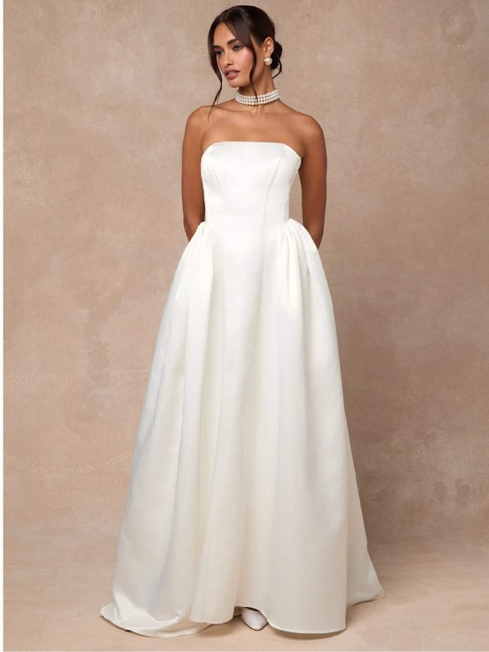 NWT Lulu’s Bennett White Satin Strapless A-Line Maxi/ Wedding Dress Medium Chic